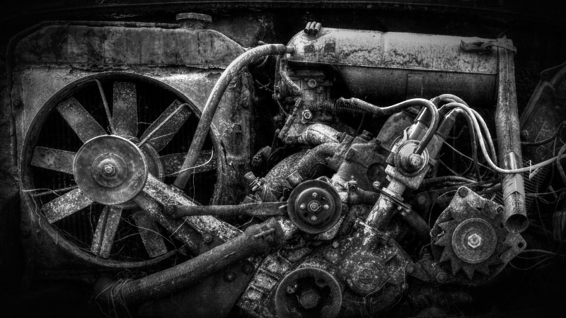 Metal, Rust, Pipes, Wheels, Wreck, gears, Fans, 2K, Engines, Skoda, technology, monochrome, black background, vehicle