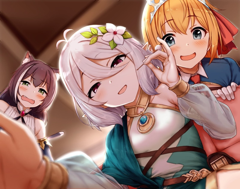blush, gray hair, 720P, cat girl, karyl, short hair, tiaras, Princess Connect, long hair, pecorine (princess connect!), purple eyes, multi-colored hair