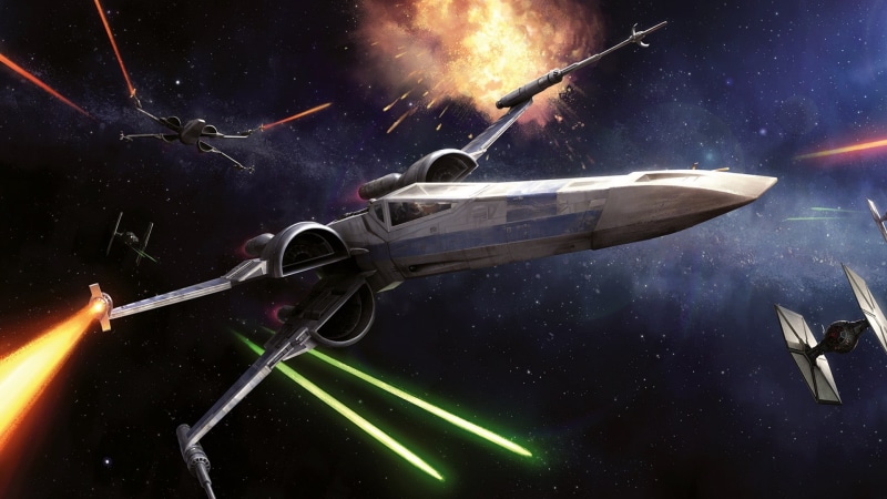 artwork, aggression, air vehicle, airplane, galaxy, star - space, lasers, X-wing, astronomy, mid-air, mode of transportation, motion, night, war, fighter plane