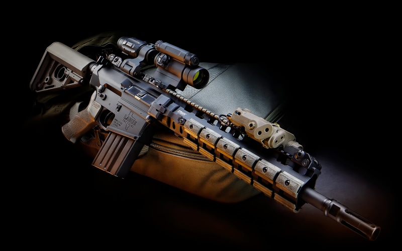 digital, rifle, military, weapon, Scope, grey, indoors, single object, Gun, 2K, studio shot, wood - material, metal, black background, technology