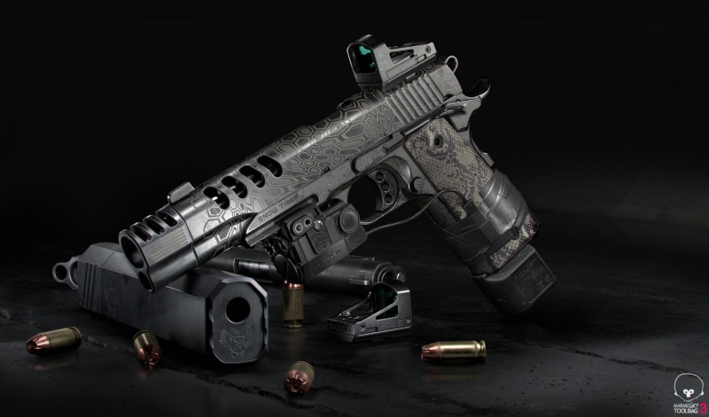 laser sight, muffler, 3D render, weapons, custom, M1911 pistol, gun, silencer, 1080P, Kimber, 3D Wren, M1911, weapon