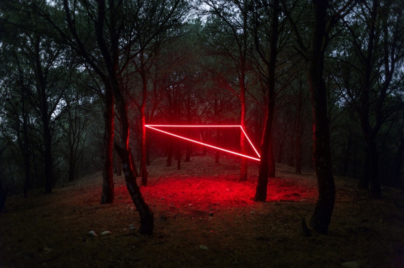 plants, landscape, laser, trees, neon, 720P, triangle, forest, dark, Nicolas Rivals