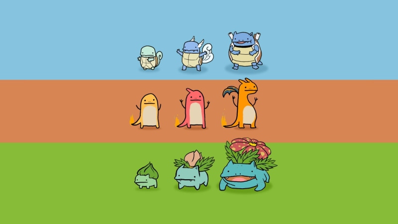 outdoors, Blastoise (Pokémon), grass, nature, Bulbasaur (Pokémon), Squirtle (Pokémon), colored background, container, Ivysaur (Pokémon), people, glass