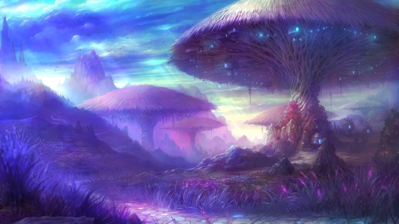 game, tree, no people, beauty in nature, tranquil scene, non-urban scene, outdoors, nature, tranquility, fantasy art, Aion, magic mushrooms, mountain, scenics - nature