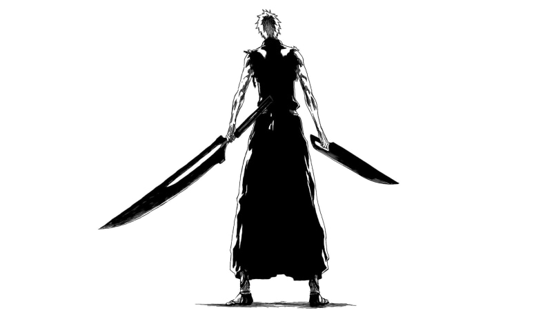 cut out, copy space, arts culture and entertainment, illustration, Kurosaki Ichigo, manga, arms raised, white background, weapon, one person, standing