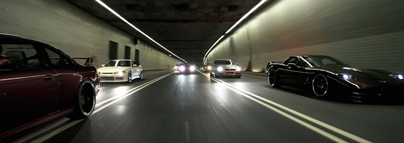 Chevrolet Corvette, car, tunnel, JDM, Nissan Skyline GT-R R34, Nissan Silvia S14, 2K