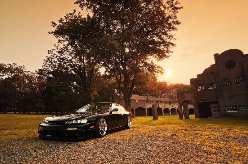 nature, architecture, growth, motor vehicle, near, plant, land vehicle, black, parked, Nissan, city, Stance, sky, sunlight, nissan silvia, vehicle, Kouki