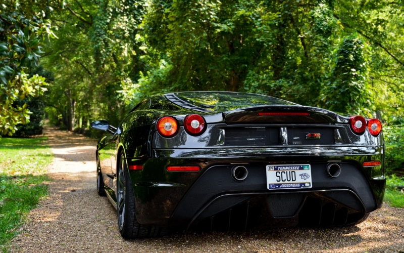 motor vehicle, growth, sunlight, retro styled, travel, Ferrari, mode of transportation, tree, forest, black, green color, plant, Ferrari F430, Super Car