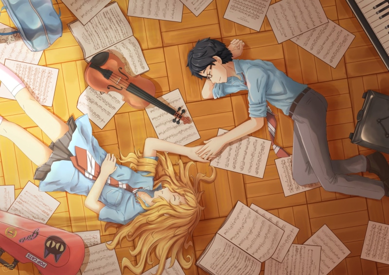 haired, indoors, real people, young adult, men, high angle view, Kaori Miyazono, sitting, Kousei Arima, people, casual clothing, Anime, standing, brown