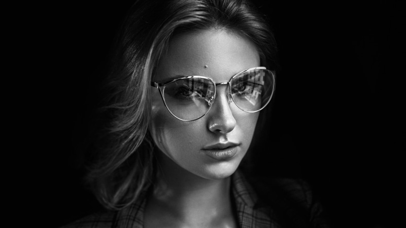 Damian Piórko, eyeglasses, beautiful people, fashion, beautiful woman, adult, hairstyle, contemplation, eyewear, front view, beauty, one person, black background