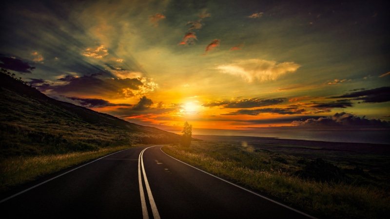 bend, sky, evening, sunset, field, landscape, road, 5K, highway, light, 5k uhd, nature, afterglow, 5k, horizon, cloud