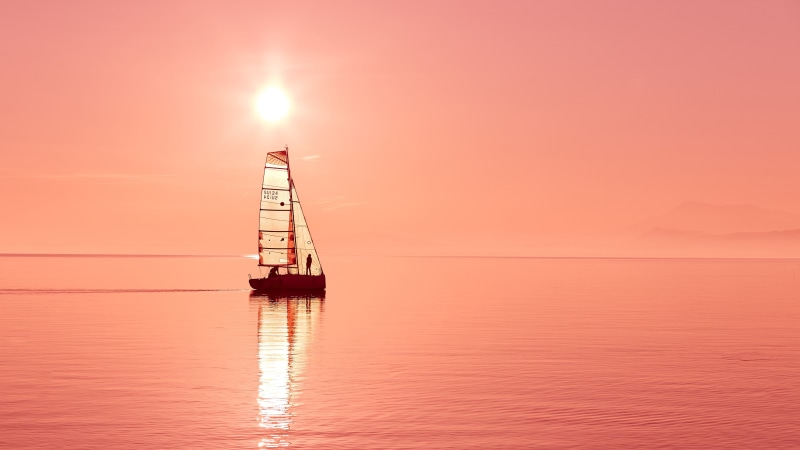 sun, horizon, afterglow, 5k, 5K, sky, boat, sunset, water, pink sky, sailboat, sea, sailing, 5k uhd, calm, evening, pink sunset, ocean
