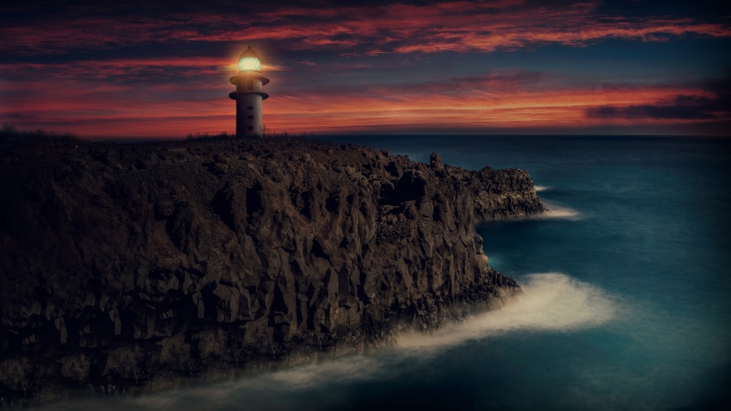 sunset, coast, cloud - sky, built structure, 5K, lighthouse, horizon over water, twilight, 5k uhd, horizon, architecture, cliff, scenics - nature, land