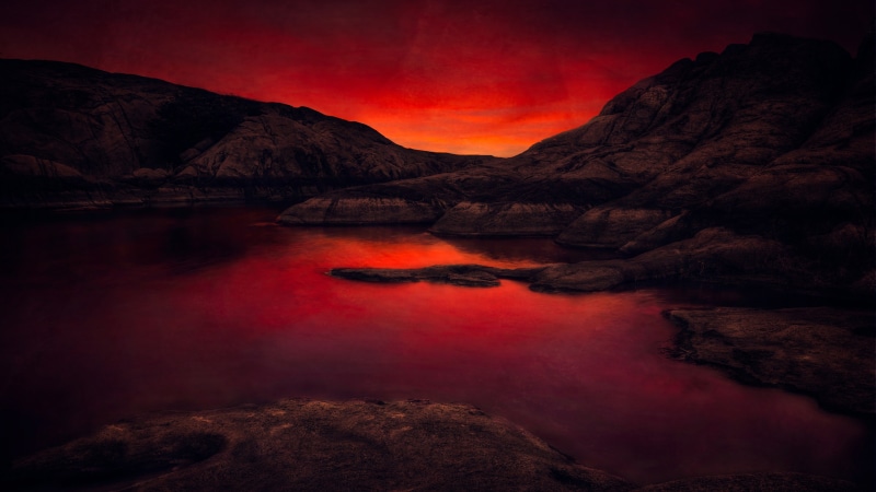 5k uhd, horizon, evening, nature, twilight, loch, sky, reflection, landscape, red sky, red, darkness, 5K, sunset, 5k, afterglow, lake