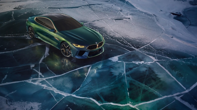 beauty in nature, transportation, ice, nature, water, snow, car, green car, high angle view, reflection, 4K, gran coupe, nautical vessel, bmw, no people