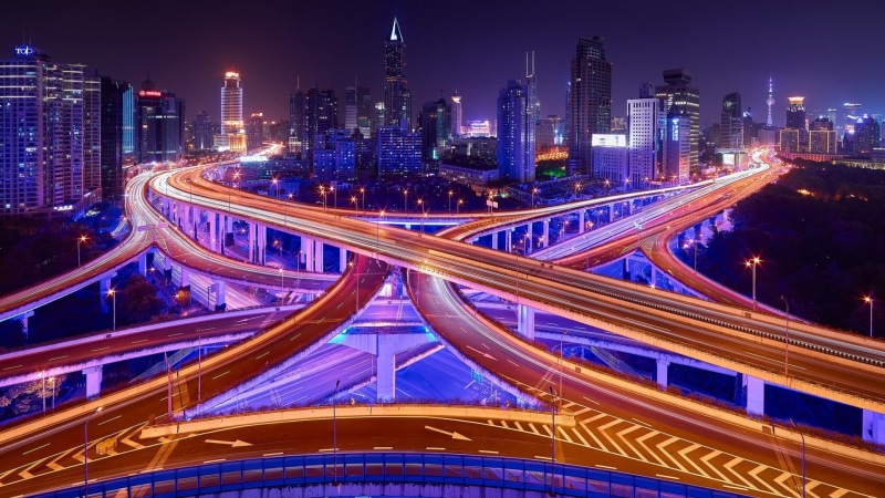downtown district, modern, light trail, motion, light trails, traffic, illuminated, bridge - man made structure, street light, architecture, city, financial district