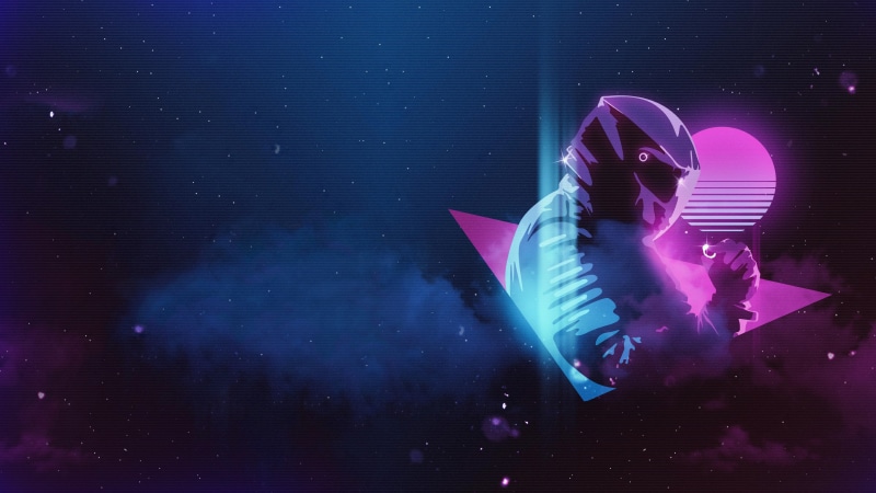 Monstercat, nebula, motorcyclist, synthwave, space, 2K, New Retro Wave, Pylot, musician, neon, 1980s, scanlines
