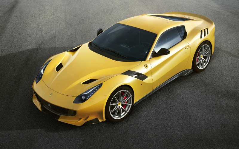 no people, transportation, Ferrari F12 TDF, outdoors, high angle view, wheel, sports car, land vehicle, 2K, model, taxi, toy car, black, toy, street, stationary