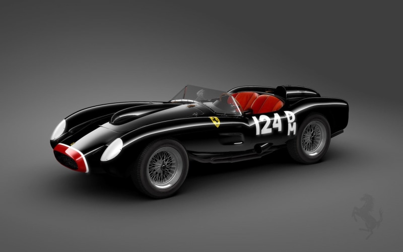 studio shot, Testa Rossa, toy, indoors, Ferrari, luxury, land vehicle, gray background, red, chrome, metal, Ferrari 250, black, sports car, mode of transportation