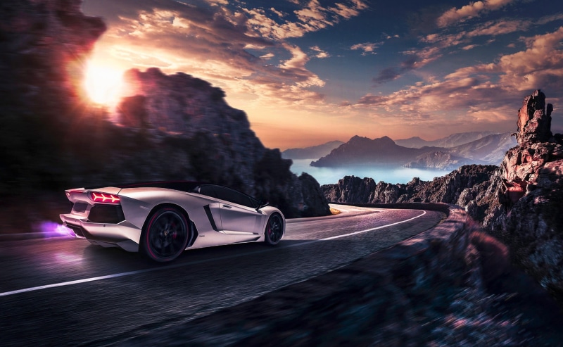 artwork, mountain range, transportation, Lamborghini, mode of transportation, car, sky, red, road trip, sunset, motor vehicle, sunlight, nature, mountain