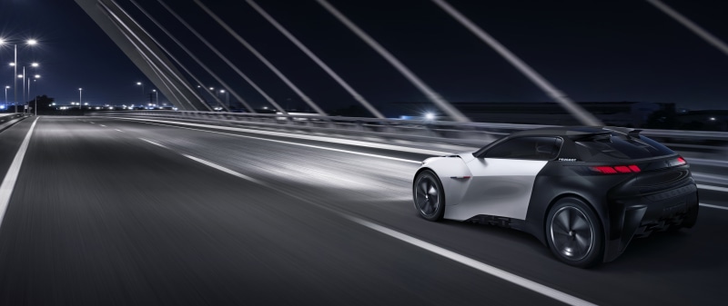road, concept cars, bridge, lights, night, Peugeot Fractal, motion blur, vehicle, car, 4K, electric car