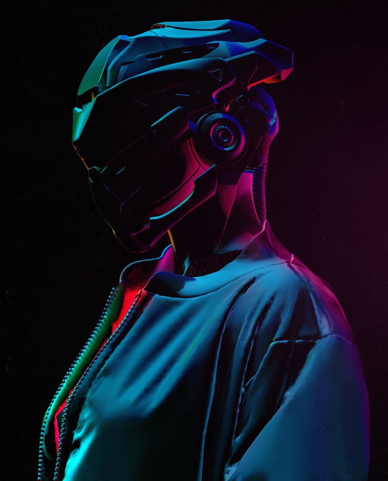 Tony Skeor, helmet, digital art, Retrowave, neon, synthwave, drawing, Retro style, 720P, cyberpunk, women, side view, artwork