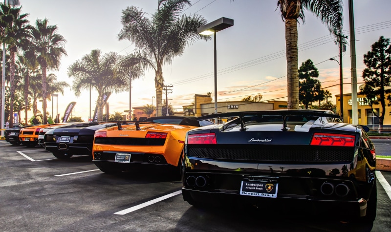 south Beach, architecture, motor vehicle, sky, murcielago, tree, lamborgini, road, land Vehicle, sunset, driving, city Life, nature, 4K, tropical climate