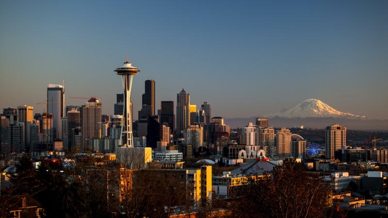 cityscape, 4K, urban skyline, skyscraper, outdoors, building, city, mountain, building exterior, mount rainier, seattle, united states, tower, architecture