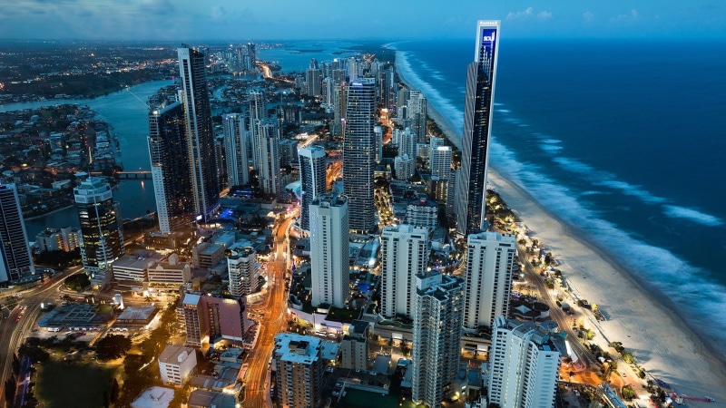 coast, 1080P, cityscape, ocean, aerial photography, australia, coastline, metropolis, skyscrapers, blue cityscape, tower block, blue hour, skyline, gold coast