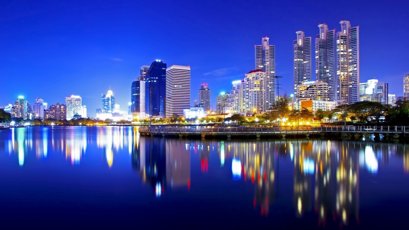 sky, water, cityscape, 4K, metropolis, night, skyline, thailand, tower block, bangkok, blue, skyscraper, reflection, asia, downtown, city lights