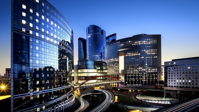 france, city, reflection, cityscape, skyline, dusk, europe, la defense, tower block, paris, sky, evening, architecture, building, 4K, metropolis