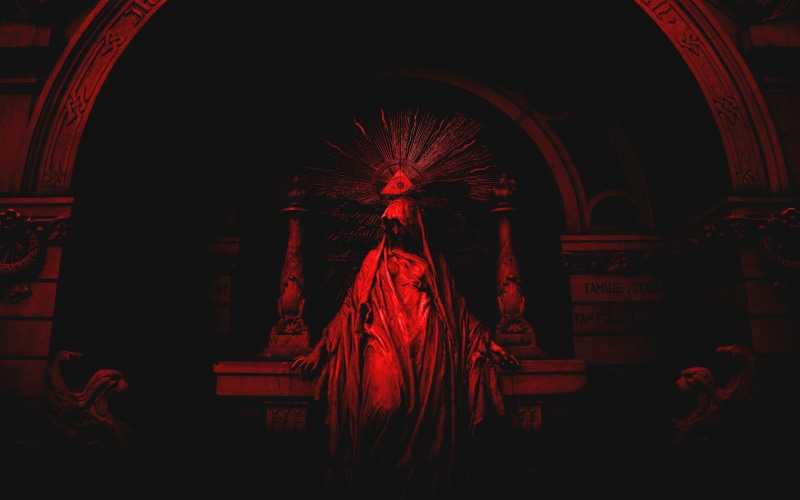 illuminated, statue, indoors, pyramid, dark, architecture, event, red, religion, arch, building, arts culture and entertainment, celebration, 2K, place of worship