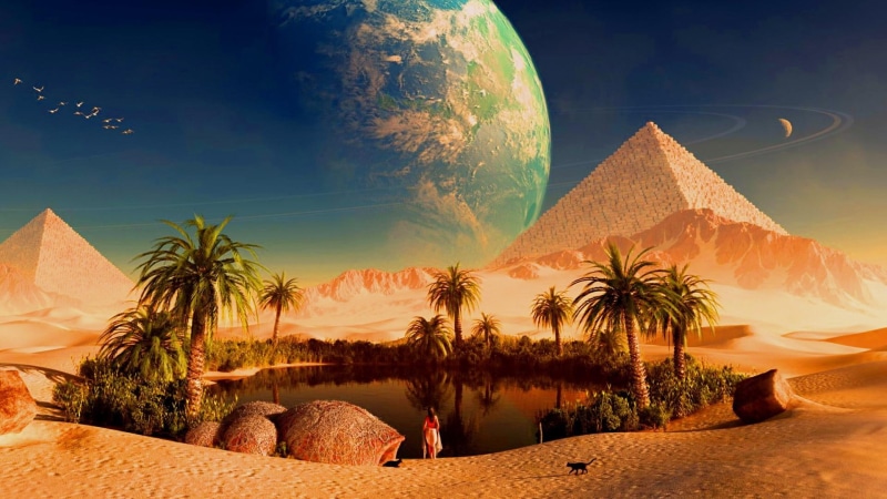 planet, 1080P, pyramid, oasis, paradise, space, fantasy
