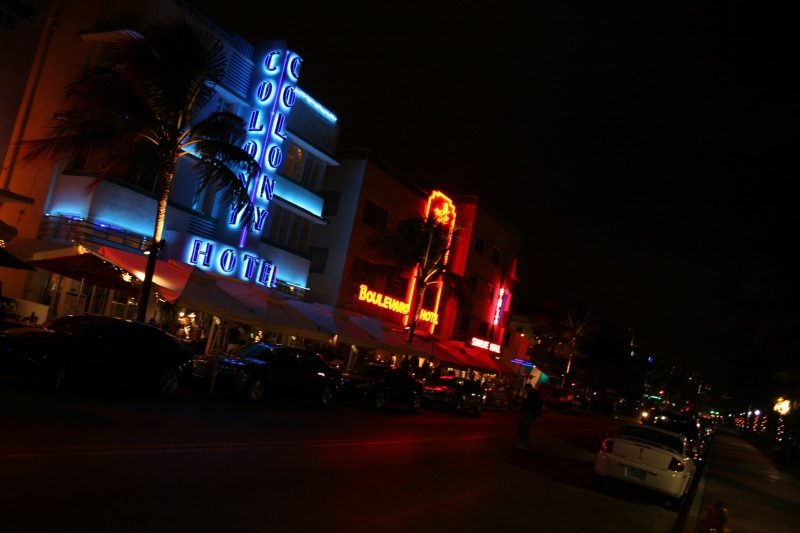 night, built structure, waterfront, transportation, beach, city life, illuminated, building exterior, 2K, florida, Miami Beach, blue, road, neon, outdoors