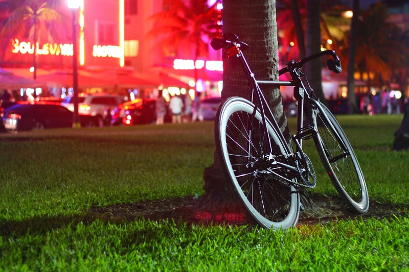 fun, no people, mode of transportation, lights, building exterior, street, spoke, usa, neon, transportation, ocean drive, outdoors, plant, resort, bike