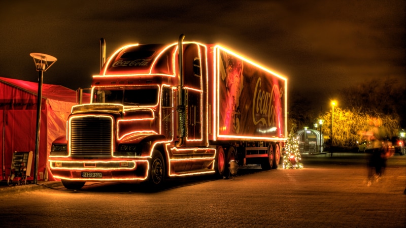 traffic, freight Transportation, neon, no People, street, western script, Christmas, Christmas truck, text, vehicle Trailer, cargo Container, city, coca