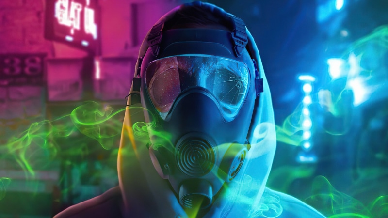 gas mask, night, 4K, fantastic art, фантастический арт, protection, people, the city, neon signs, man, city, toxic fumes