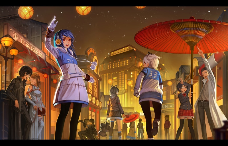 adult, women, city, Sword Art Online, architecture, Fate/Stay Night, Gintama, night, anime, One Piece, Okabe Rintarou, Kirigaya Kazuto, arts culture and entertainment