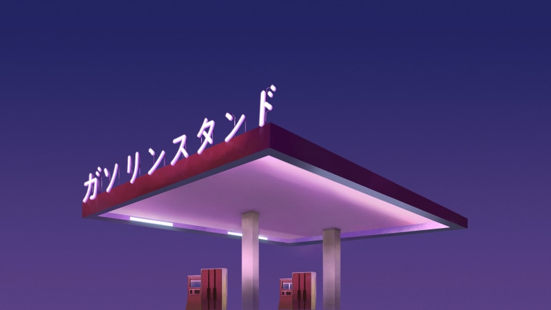 blue, digital art, Japan, Gas station, Dutch, 4K, Netherlands