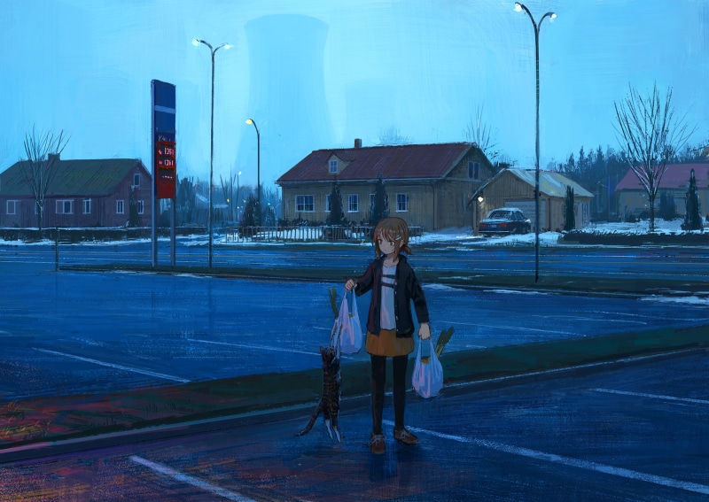 snow, supermarket, gas stations, full length, road, real people, child, street, winter, outdoors, building, 1080P, front view, architecture, city, lifestyles