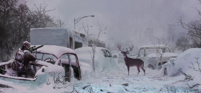 domestic animals, animal wildlife, land, deer, artwork, snowcapped mountain, apocalyptic, mammal, day, winter, animal, buck, surrounded, field, extreme weather