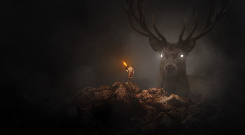 Hunter, Man, Fire, Giant, Buck, Torch, Artistic, Fantasy, 720P, Deer