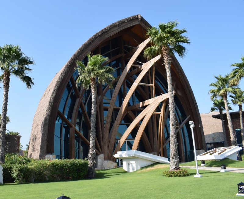 sky, building exterior, green color, doha, blue, no people, palm tree, banana island, palm trees, low angle view, built structure, growth, sunlight, modern