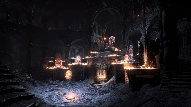 belief, fire, motion, religion, Dark Souls III, place of worship, arch, dark, illustration, built structure, 4K, night, spirituality, falls, concrete
