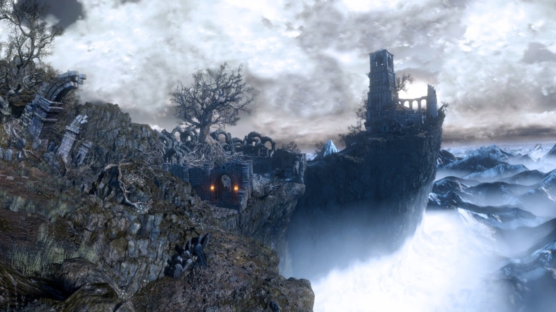 solid, cold temperature, Firelink Shrine, Dark Souls III, tranquil scene, beauty in nature, rock - object, plant, outdoors, flowing water, land, digital