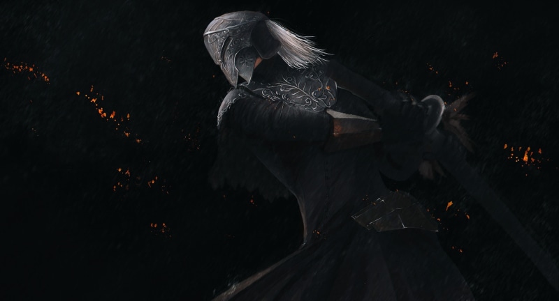 clothing, Yuria of Londor, rear view, outdoors, one person, armor, adult, motion, illuminated, celebration, real people, dark, night, sword, 1080P, warrior