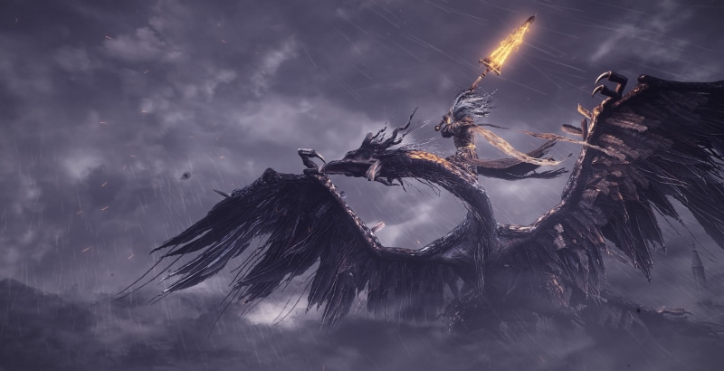 sunset, 1080P, dragon, raining, big sword, low angle view, scenics - nature, smoke - physical structure, night, cloud - sky, outdoors, no people, motion