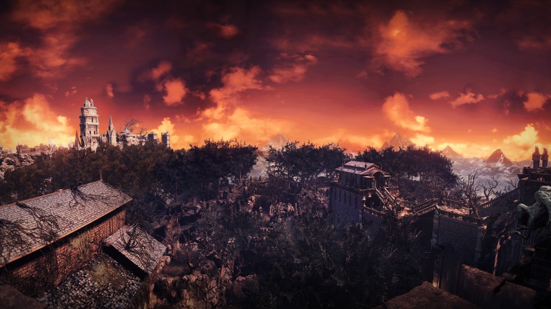 tower, 4K, land, beauty in nature, sunset, building exterior, sky, Dark Souls III, wildfire, no people, mountain, nature, technology, video games, building