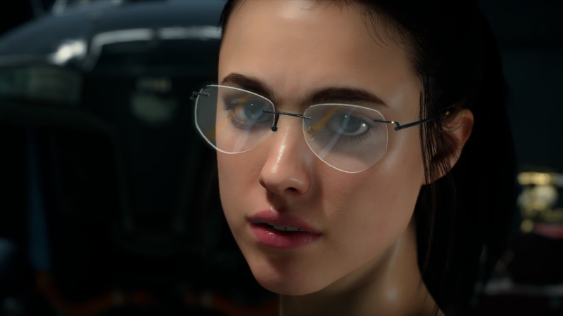women with glasses, Mama (Death Stranding), video game art, screen shot, Death Stranding, dark hair, glasses, 2K, Hideo Kojima, Margaret Qualley