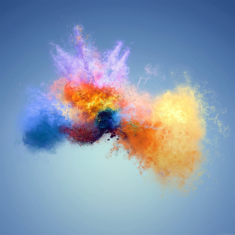 blue background, space, spray, face Powder, color Image, 1080P, multicolored, impact, backgrounds, paint, studio shot, mid-air, vibrant color, smoke, abstract